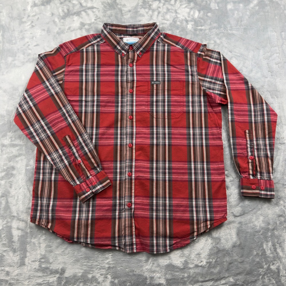Columbia Mens XL Red Plaid Long Sleeve Button Down Shirt Outdoor Hiking Casual